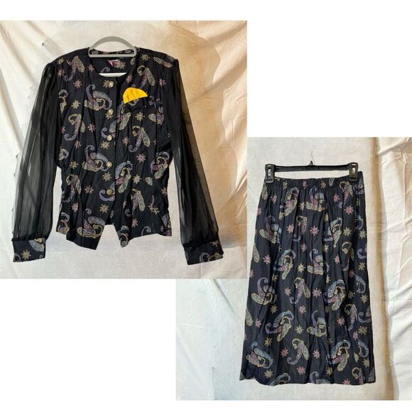 Tina Barrie VTG Black Paisley Midi Skirt & Top Set Sheer Sleeves Boho Retro Glam - Picture 1 of 13